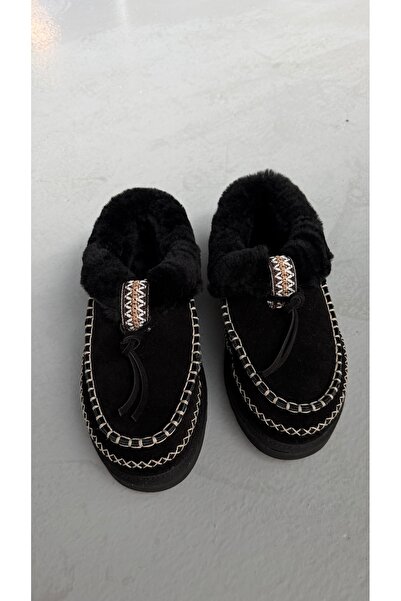 Eataly Shoes Μαύρες γυναικείες παντόφλες μοκασίνι από γνήσιο δέρμα σουέτ με ραμμένη γούνα
