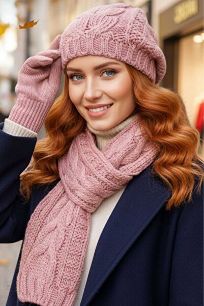 Trenderrs Women's Knitted Patterned Beanie Scarf Gloves Set