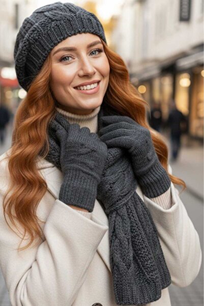Trenderrs Women's Knitted Patterned Beanie Scarf Gloves Set