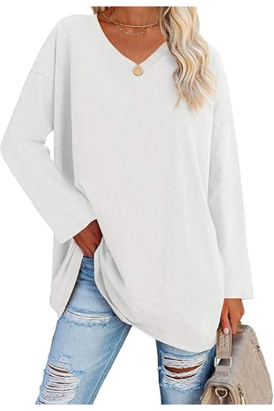 OEM Bluză lejeră supradimensionat pentru femei, cu mânecă lungă, alb, mărimea L