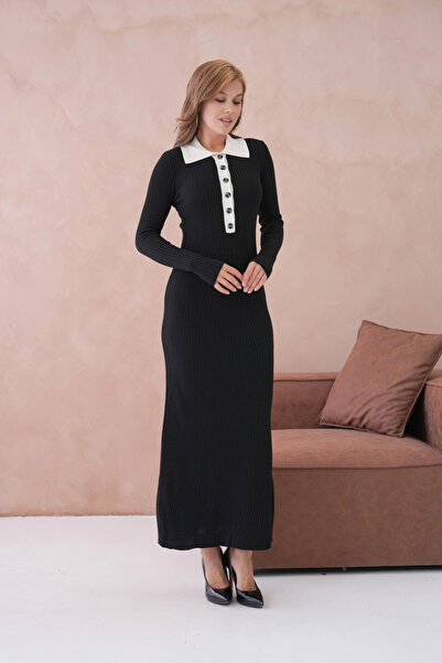Park Karon Women's Polo Neck Button Detail Ribbed Knit Long Knitwear Dress