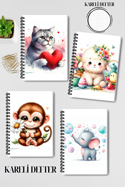 qoeuyl boutique Cute Animals No:1 Design Wire Spiral A5 Squared 4-Piece Souvenir, Memory, School Notebook Set