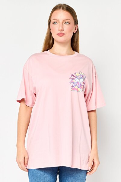 Disney تي شيرت نسائي بطبعة جرافيكية بأكمام قصيرة ورقبة دائرية من Looney Tunes x باللون الوردي