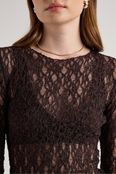 minaaise Women's Brown Transparent Lace Short Stretch Fabric Blouse 30051