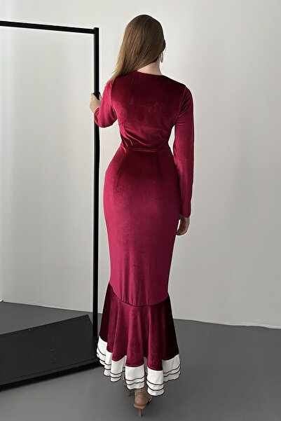 Elbee Fashion Woman Βελούδινο φόρεμα με τετράγωνο λαιμόκοψη μπορντό