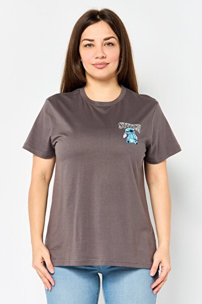 Disney Stitch Women Crew Neck Short Sleeve Graphic Print T-Shirt, Charcoal Grey