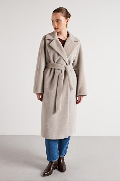 minaaise Women's Gray Short Plush Lined Belted Long Design Coat 30043