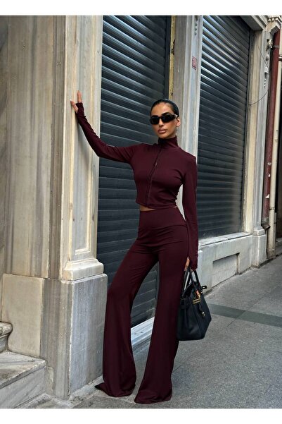 MY DEPO Agraflı Stretch Fabric Crop High Waist Flared Pants Diving Suit