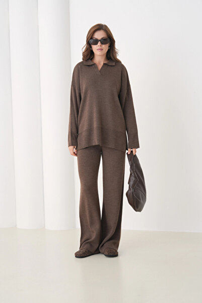 Park Karon Women's Polo Neck Slit Oversized Sweater Palazzo Pants Knitwear Bottom-Top Set