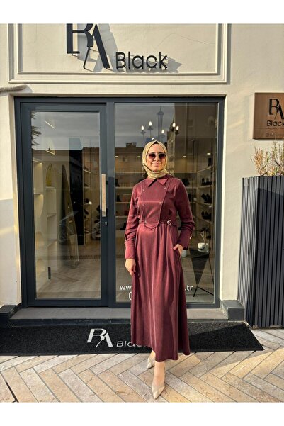 Babil Butik 25025002 Belt Detailed Women's Dress Burgundy
