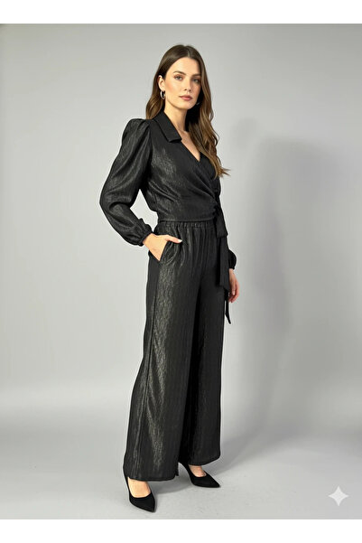 cemo Women's Double-Breasted Blouse and Wide Leg Pants Two-Piece Set Wrinkled Fabric Stylish Set