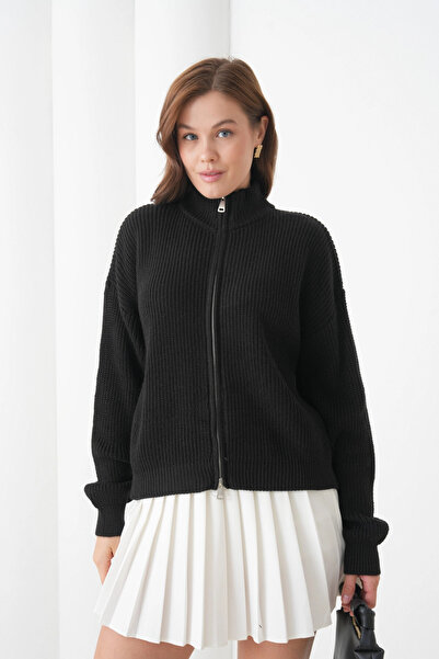 Park Karon Women's Mock Neck Zipper Closure Oversized Knitwear Cardigan