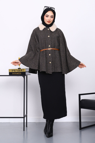 İmajButik Πόντσο με γούνινο γιακά βιζόν και ζώνη