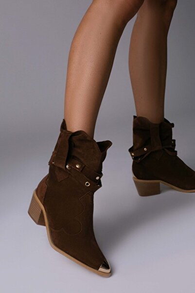 Vanilla Days Ghete Emira din piele întoarsă maro cu toc bloc