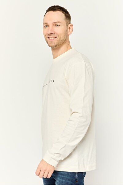 collusion Men Ribbed Collar Long Sleeves Brand Logo T-Shirt, Ivory