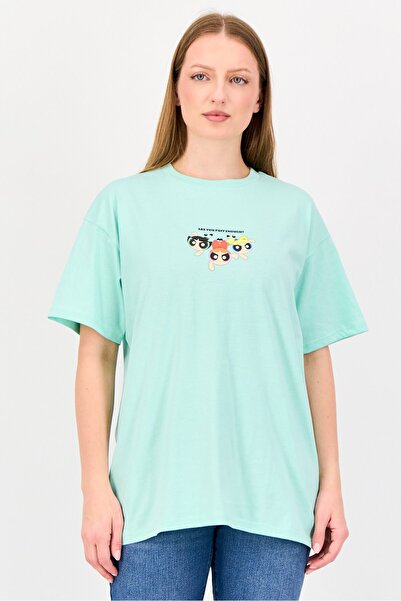 Disney تي شيرت نسائي بأكمام قصيرة ورقبة دائرية مطبوع عليه مسلسل فتيات القوة، لون أخضر نعناعي