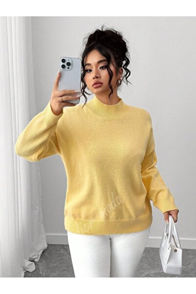 Dier Moda Women's Butter Yellow Mock Neck Oversized Knitwear Sweater, Knitwear Sweater Fmoda1966