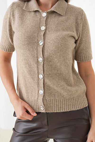 Park Karon Women's Polo Neck Button Detail Short Sleeve Glitter Knit Cardigan