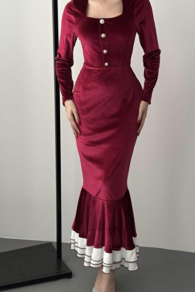 Elbee Fashion Woman Βελούδινο φόρεμα με τετράγωνο λαιμόκοψη μπορντό