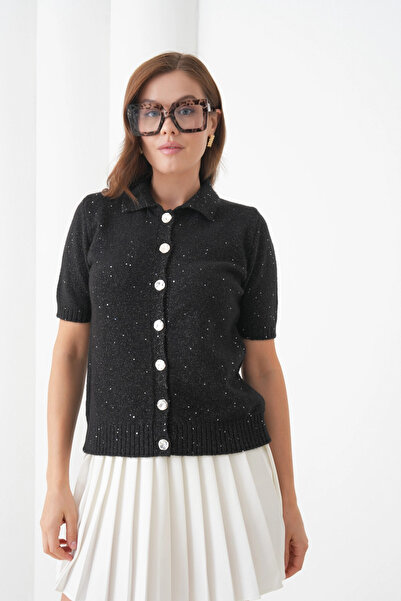 Park Karon Women's Polo Neck Button Detail Short Sleeve Glitter Knit Cardigan