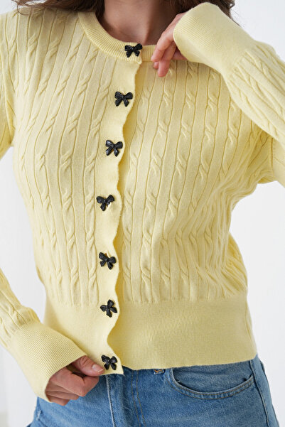 Park Karon Women's Crew Neck Button Detail Hair Knit Soft Textured Knitwear Cardigan