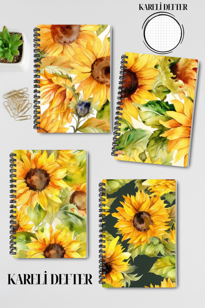 qoeuyl boutique مجموعة دفاتر ملاحظات مدرسية تذكارية من 4 قطع بتصميم زهور الشمس ذات طابع طبيعي، مقاس A5، مربعة الشكل، بتصميم حلزوني