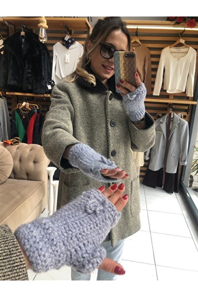 Gözde Tasarım Butik Women's Blue Color Wool Crochet Knitting Handmade Design Fingerless Gloves