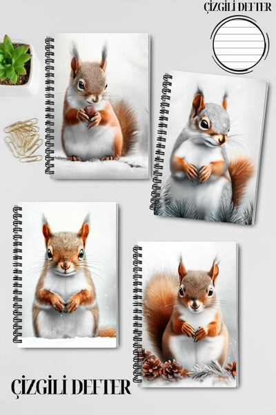 qoeuyl boutique مجموعة دفاتر ملاحظات مخططة بتصميم شتوي على شكل سنجاب، مقاس A5، مكونة من 4 قطع، تصلح كتذكار أو للذكريات أو للمدرسة