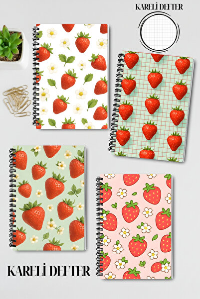 qoeuyl boutique Strawberry Themed Design Wire Spiral A5 Squared 4-Piece Souvenir, Memory, School Notebook Set