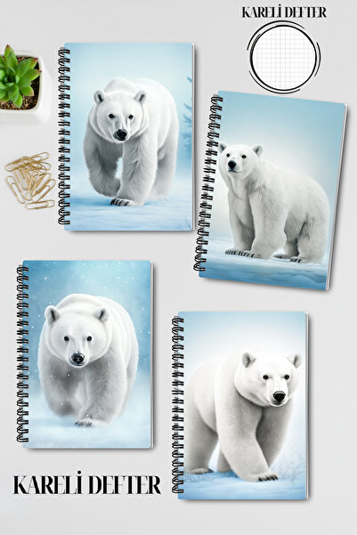 qoeuyl boutique Polar Bear Winter Themed Design Wire Spiral A5 Squared 4-Piece Souvenir, Memory, School Notebook Set