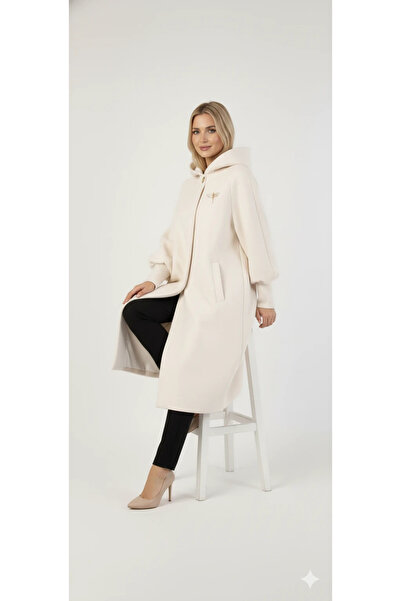 cemo Kadın Gri Kapüşonlu Balon Kol Fermuarlı Kaban Oversize Midi Boy Kışlık Kaşe Mont