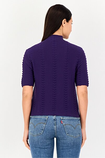 femi9 Women Textured Short Sleeve Crop Tops, Purple