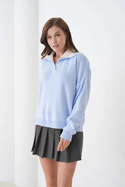 Park Karon Women's Polo Neck Paneled Soft Textured Knitwear Sweater