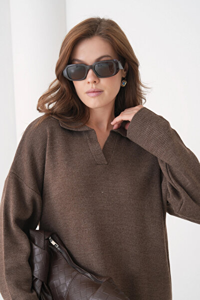 Park Karon Women's Polo Neck Slit Oversized Sweater Palazzo Pants Knitwear Bottom-Top Set