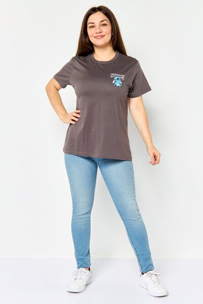 Disney Stitch Women Crew Neck Short Sleeve Graphic Print T-Shirt, Charcoal Grey