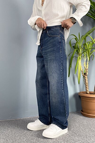 Alışveriş Sokağı Taşlanmış Baggy Fit Jean - Denim Pants Black-Navy Blue