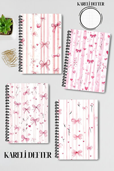 qoeuyl boutique Pink Bouquet and Floral Themed Design Wire Spiral A5 Squared 4-Piece Souvenir, Memory, School Notebook Set