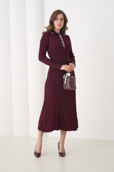 Park Karon Γυναικείο φόρεμα με λαιμόκοψη πόλο με λεπτομέρεια με κουμπιά πλέξη ριμπ μακρύ πλεκτό φόρεμα