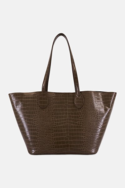 Cavalli Class Women Crocodile Skin Shopper Bag With Pouch, Dark Khaki