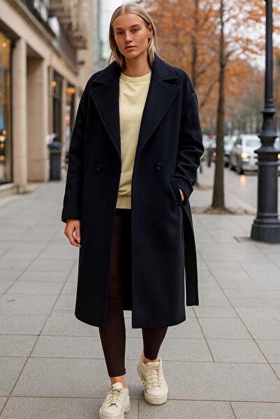 OIL PARK Double Buttoned Lined Oversized Midi Length Stylish Cashmere Coat