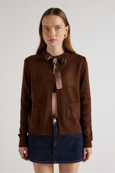 minaaise Women's Brown Ribbon Detailed Short Design Cardigan 30034
