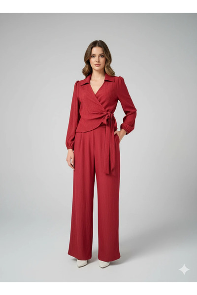 cemo Women's Double-Breasted Blouse and Wide Leg Pants Two-Piece Set Wrinkled Fabric Stylish Set