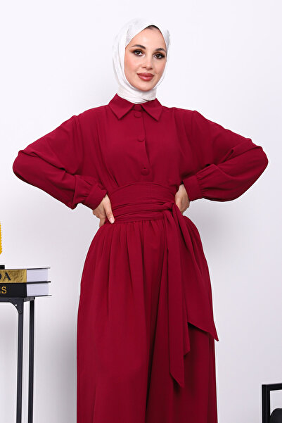 İmajButik Burgundy Elastic Waist Jumpsuit