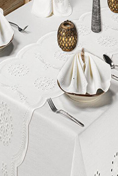 Annalisa White Elegance 26 Piece Linen Borelli Luxury Tablecloth Set