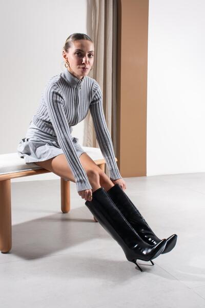 FSKOMBİN Capri Women's Black Wrinkled Leather Pointed Toe Thin Heeled Boots