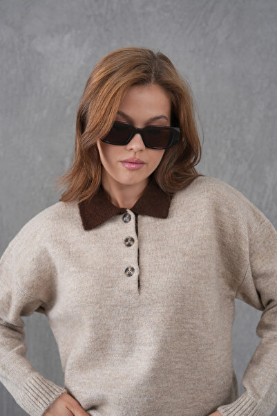 Park Karon Women's Polo Neck Half Placket Buttoned Knit Sweater