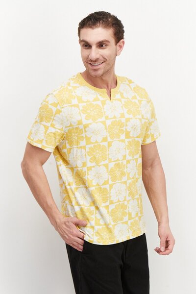 INC Men Split Neck Short Sleeve Floral Printed T-Shirt, Yellow