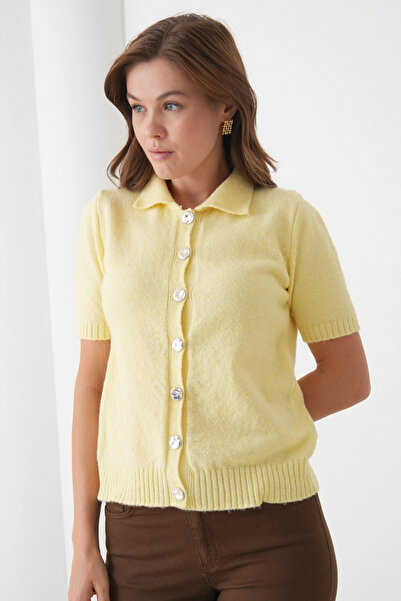 Park Karon Women's Polo Neck Button Detail Short Sleeve Glitter Knit Cardigan