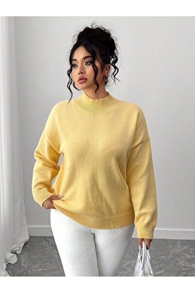 Dier Moda Women's Butter Yellow Mock Neck Oversized Knitwear Sweater, Knitwear Sweater Fmoda1966
