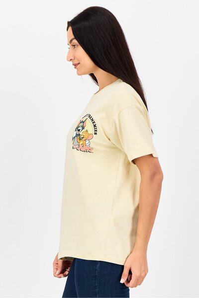 Disney Tom And Jerry Women Crew Neck Short Sleeve Graphic Print T-Shirt, Beige